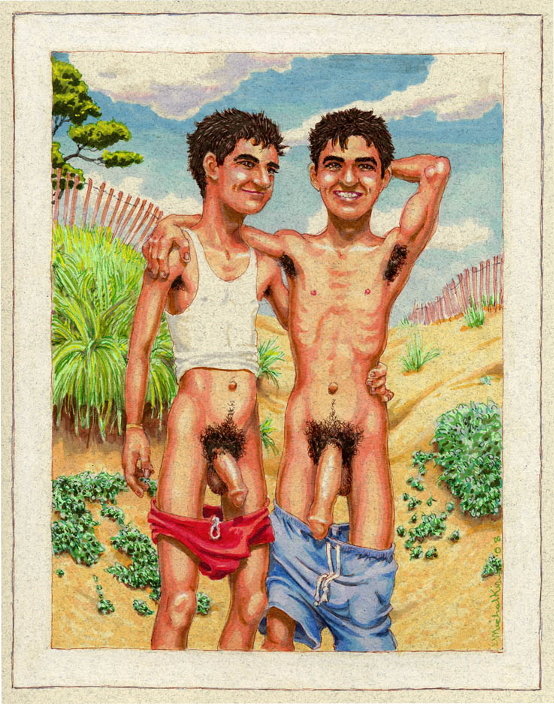 Here's a mock vacation photo set-up featuring two brothers, not quite identical twins, pulling down their bathing trunks to give the guy with the camera an eyeful. The lads are having a sparkling time whilst visiting the seaside, the scenery and each other's company. I've always been drawn to the idea of brothers having some intimate knowledge of each other, that extra layer of implied incestual taboo, but these guys are just having a laugh about the major distinction between their anatomies.