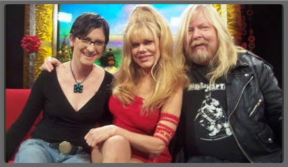 Michael Kirwan (right) is photographed with Charo (show co-host) (center) and Edith Edit (left). Photo was taken during an appearance on "Queer Edge starring Jack E. Jett" on the Q Television Network.